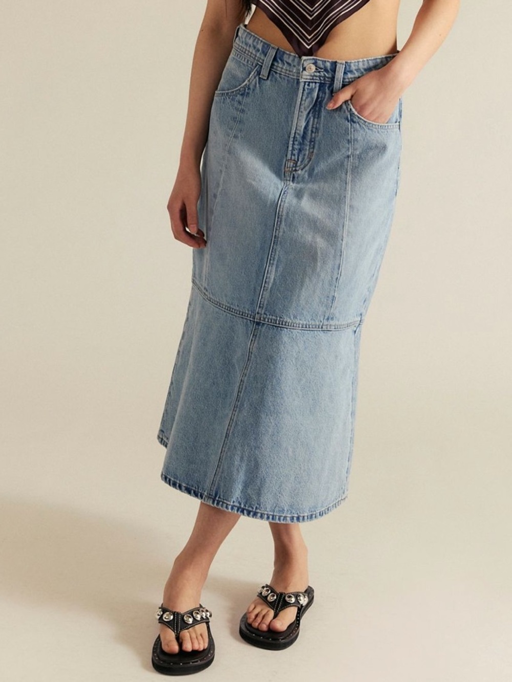 WE THE FREE Midas Light Wash Denim Midi Skirt